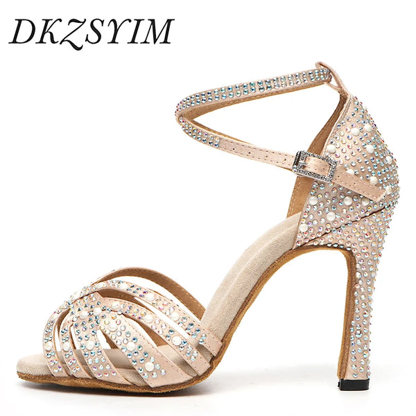 DKZSYIM Rhinestone Latin Dance Shoes Female Latin Salsa Girl Casual Shoes Black Bronze Skin Shiny Ballroom Dance Shoes Sandals
