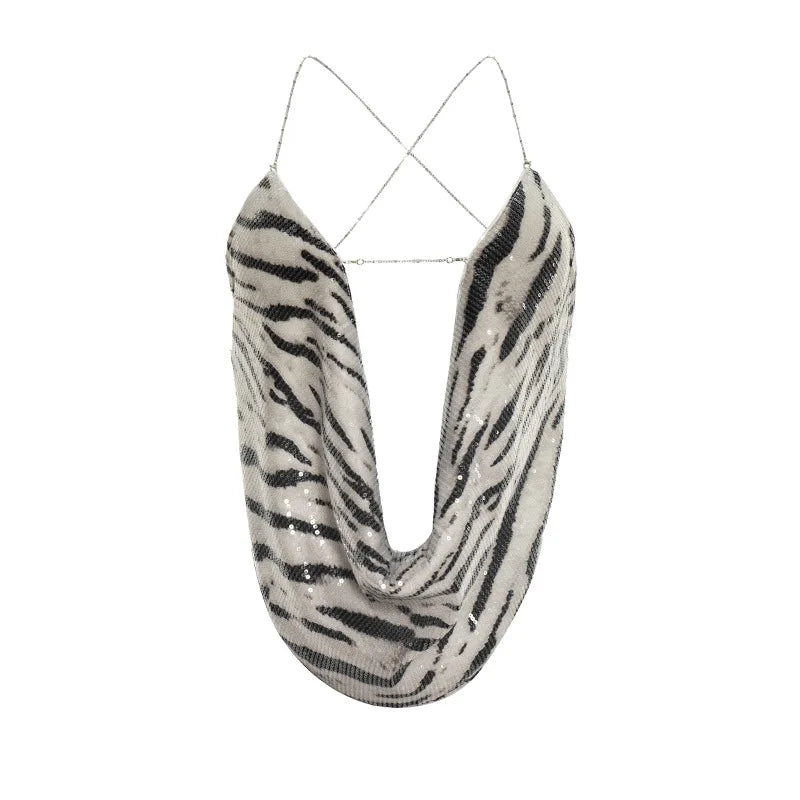 Zahara Zebra-Sequin Backless Mini Skirt Set Two-piece