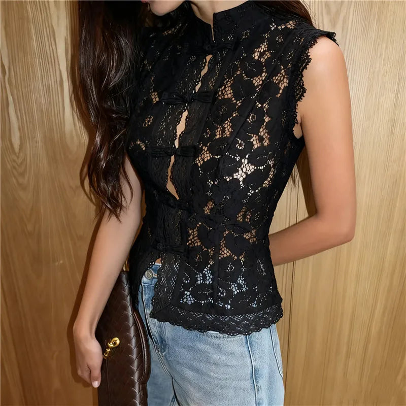 Adalyn Hollow Lace Waist-Cinched Sheer Top