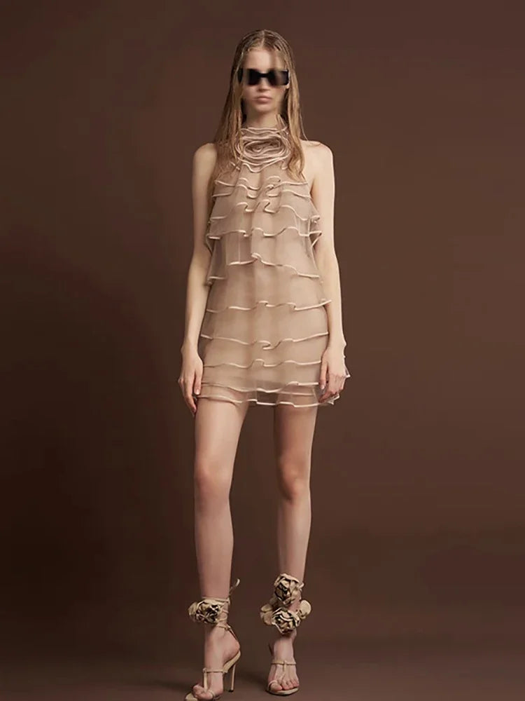 Fiorella High-Neck Ruffle Tiered Maxi Dress