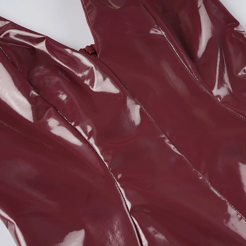 Evangeline Red PU Leather Deep-V Mini Dress