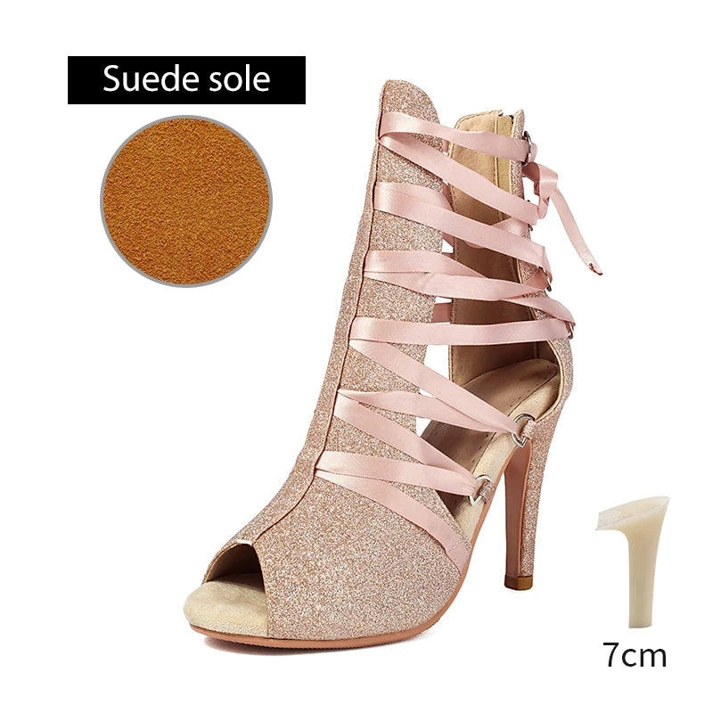 DKZSYIM Women Dance Boots Girls Ladies Jazz Dancing Shoes Thin Heels Glitter Shining Latin Indoor Party Dance Shoes Personalized