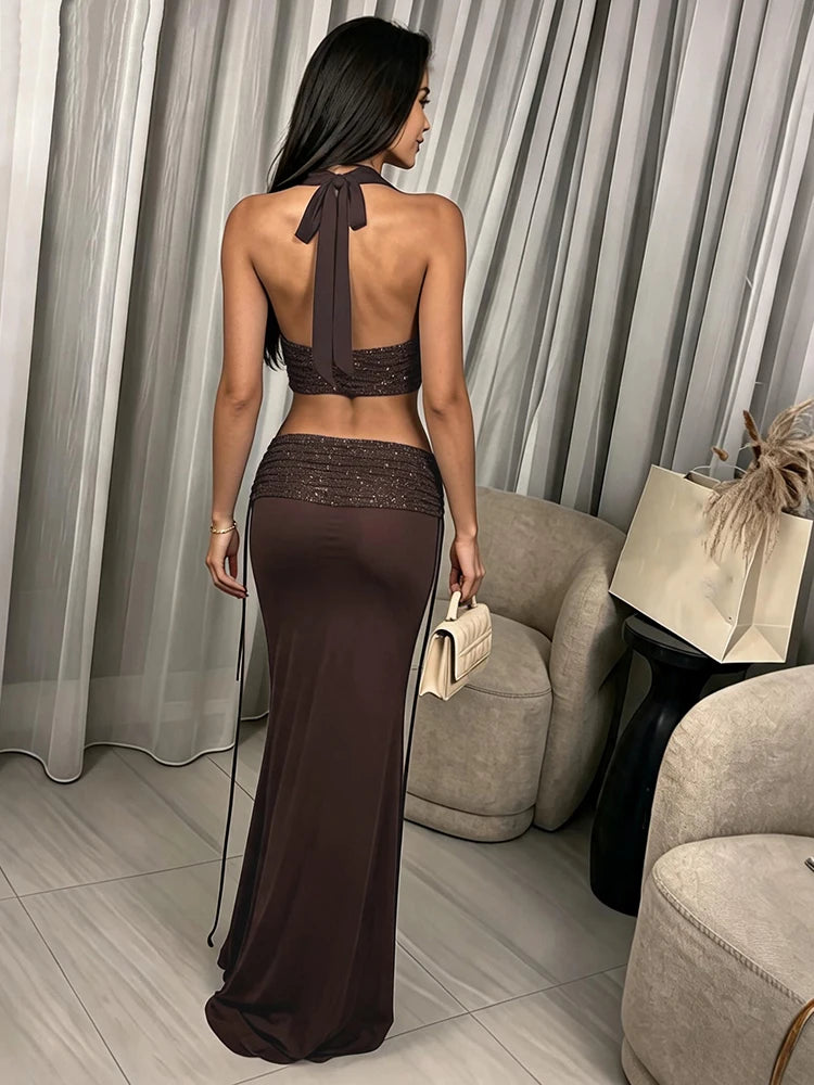 Kliou Shiny Sequin 2 Piece Set Women Bandage Halter Backless Tank Top+Ribbon Decoration Long Skirts Evening Party Elegant Suits