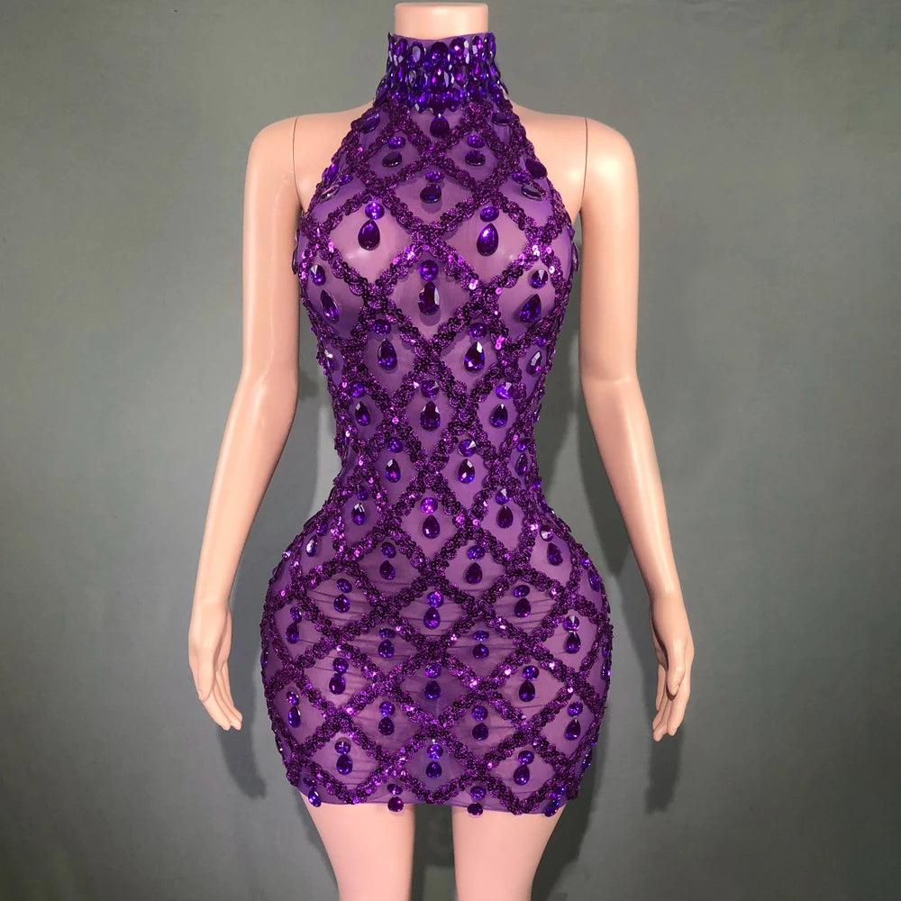 Elettra Rhinestone Sequin Lattice Sheer Mesh Mock-Neck Mini Dress
