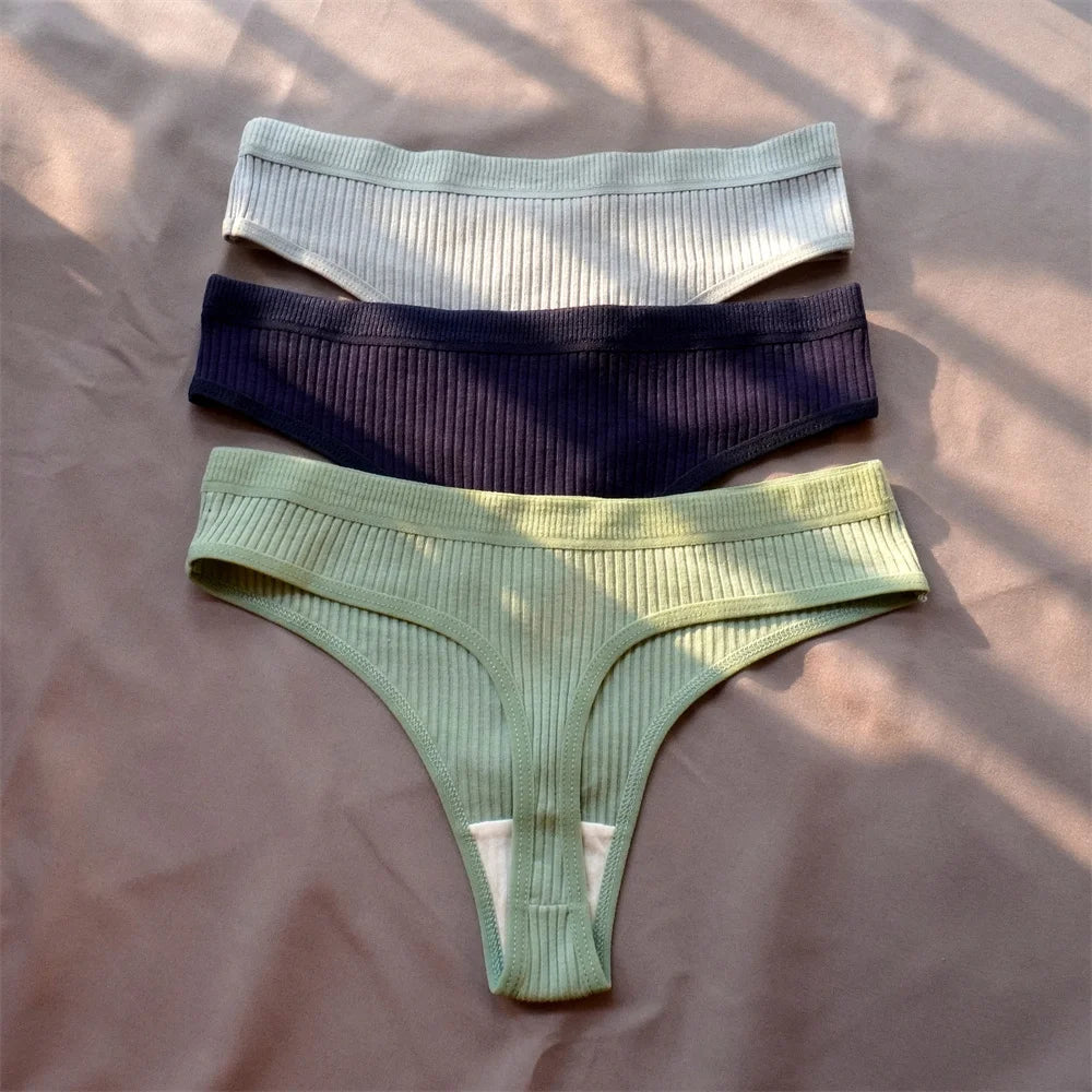 Mirelle Ribbed Cotton Thong Pack Lingerie 3-piece