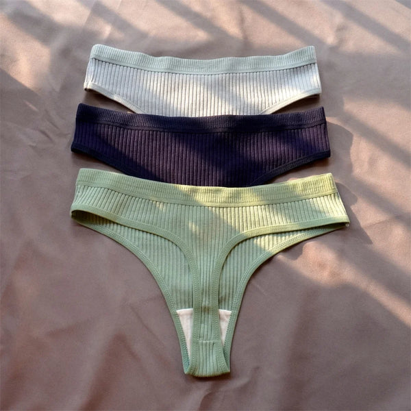 Mirelle Ribbed Cotton Thong Pack Lingerie 3-piece