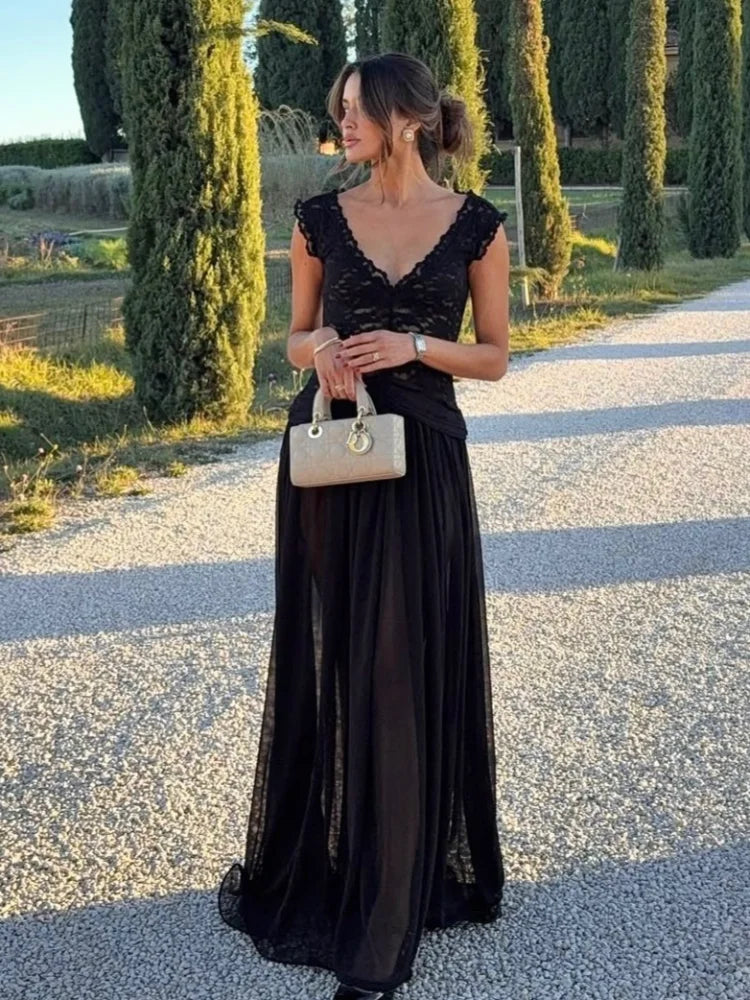 Orsola Lace-Bodice Sheer Mesh Pleated Maxi Dress Secondary image