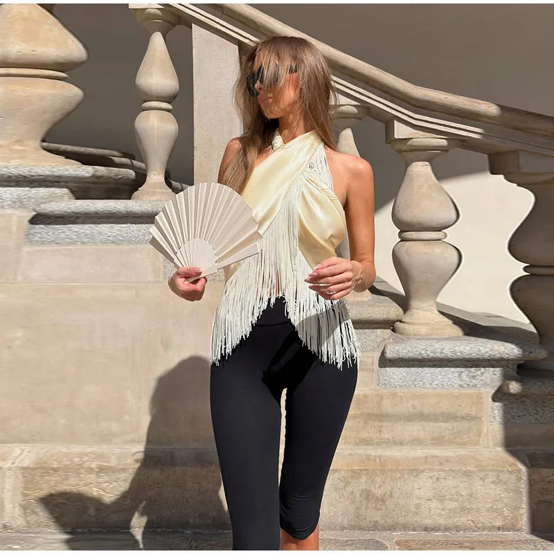 Esperanza Satin Fringe Cross-Wrap Halter Backless Crop Top One-piece