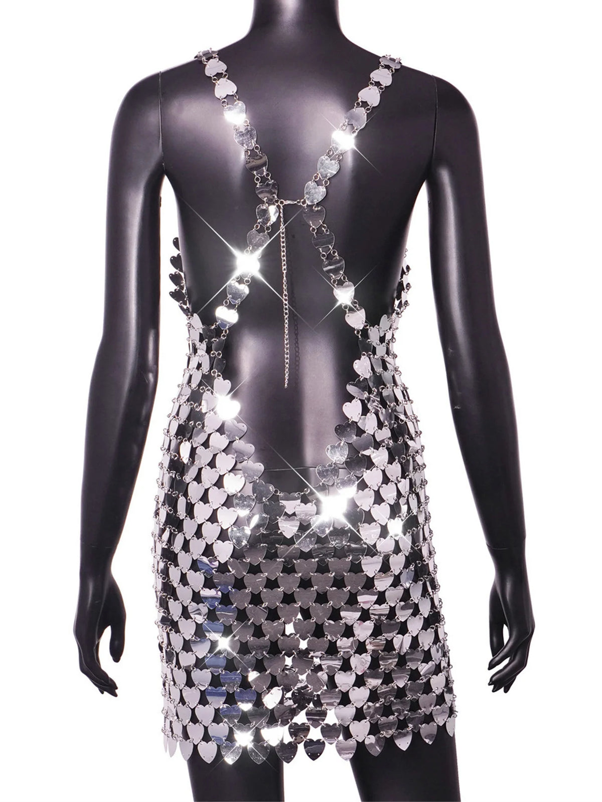 Rubina Heart Metal Sequin See-Through Backless Lingerie Slip Mini Dress