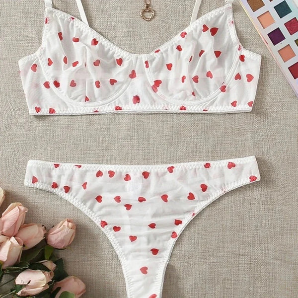 Ingeborg Heart Print Sheer Mesh Underwire Bra & Brief Lingerie Two-piece