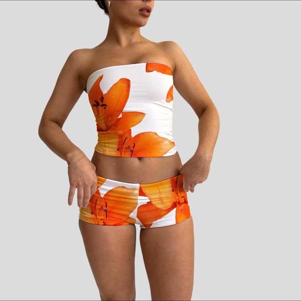 hirigin Vacation Lounge Oufits 2 Pice Set Flower Print Strapless Crop Tube Tops Bandeau + Skinny Mini Skirt Wrap Bodycon Women