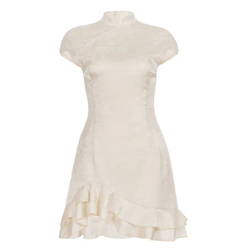 PixieKiki Chinese Style Jacquard Asymmetric Ruffle Mini Dress Elegant Vintage Cheongsam Summer Dresses for Woman P56-GD14