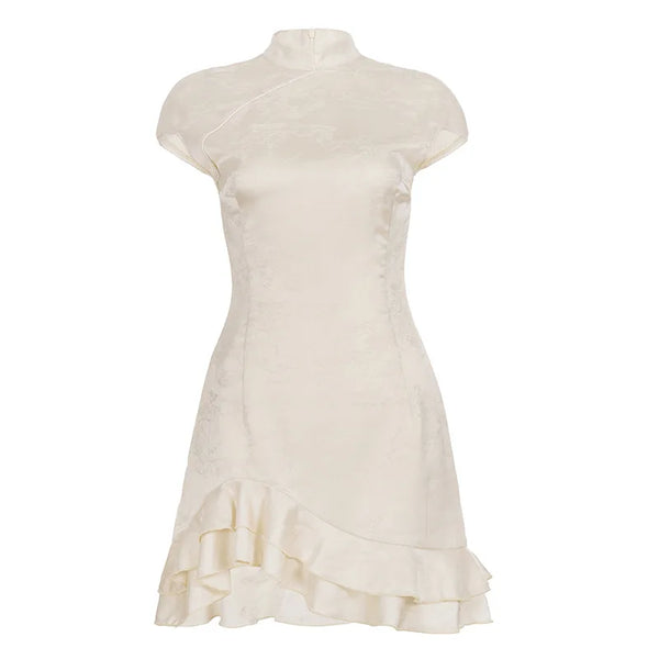 PixieKiki Chinese Style Jacquard Asymmetric Ruffle Mini Dress Elegant Vintage Cheongsam Summer Dresses for Woman P56-GD14