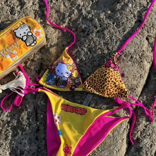 Kawaii Japanese Hello Kittys Hot Girl Split Strap Summer Women's Bikini Seaside Fashion Resort Swimsuit Leopard Print Cartoon