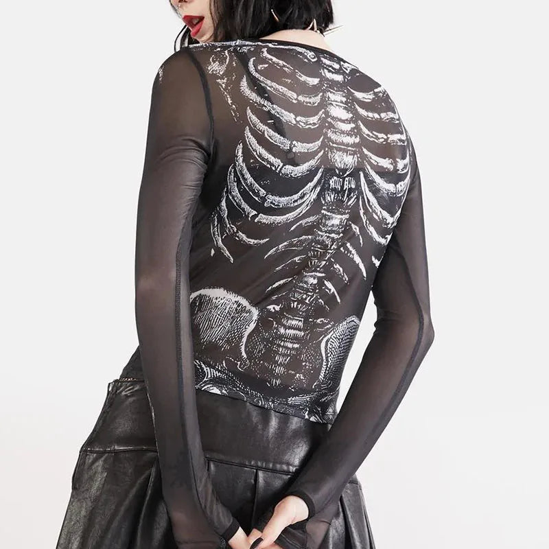 Morticia Skeleton Print Sheer Mesh Long-Sleeve Top One-piece
