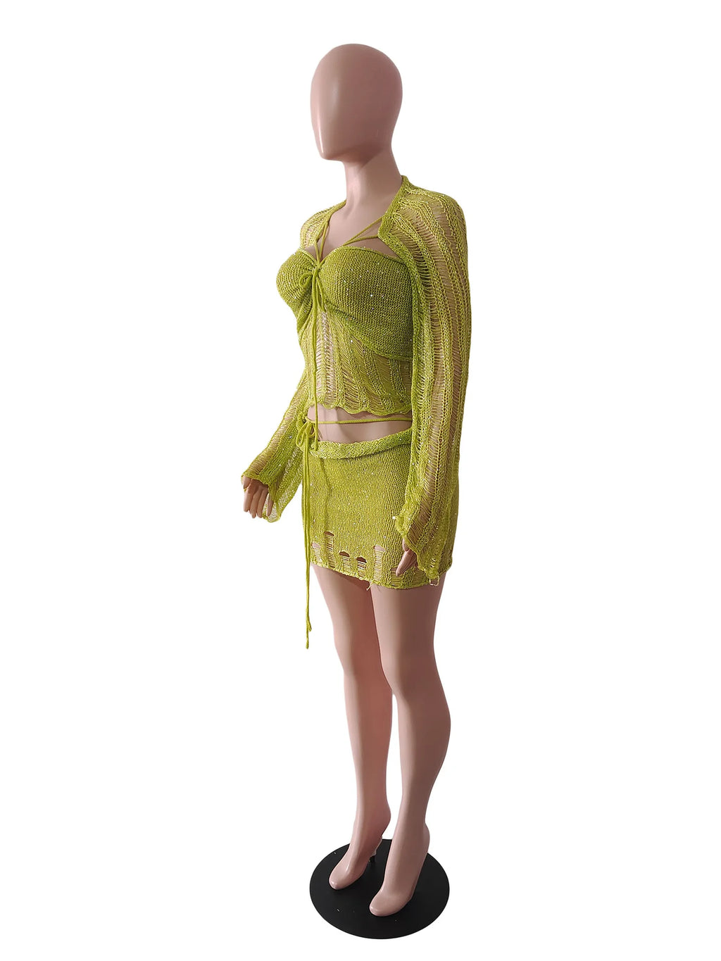 Marisela Sequin Crochet Knit Tie-Front Crop Top & Mini Skirt Two-piece