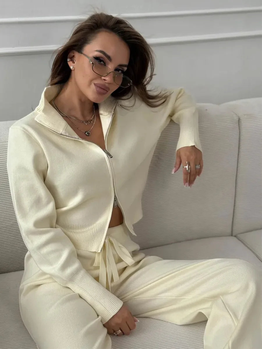 Sigourney Knit Zip-Up Cropped Cardigan & Wide-Leg Pants Two-Piece Set