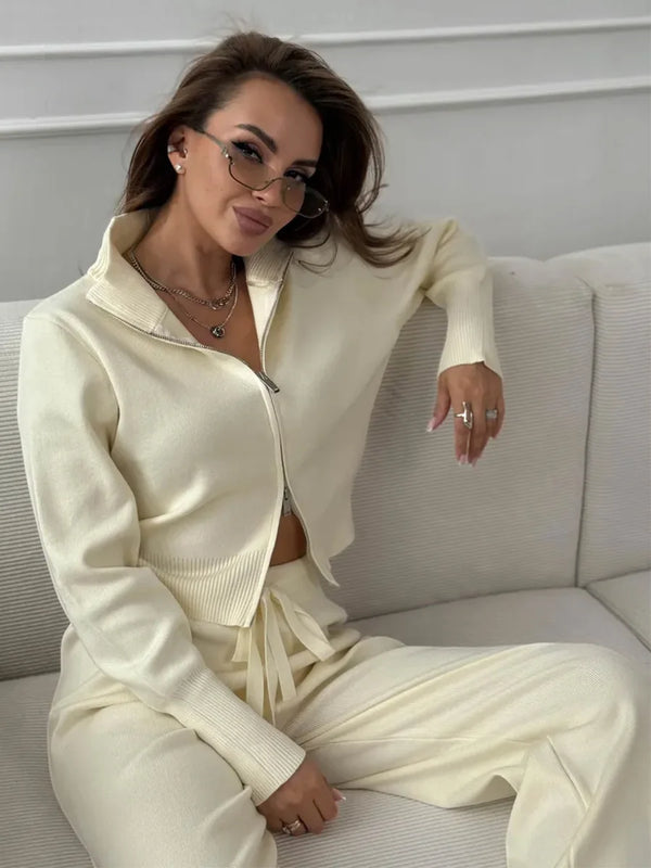 Sigourney Knit Zip-Up Cropped Cardigan & Wide-Leg Pants Two-Piece Set