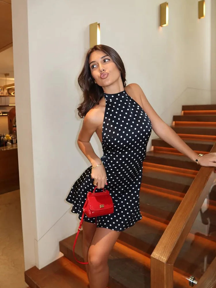 Elodie Polka-Dot Halter Lace-Up Mini Dress