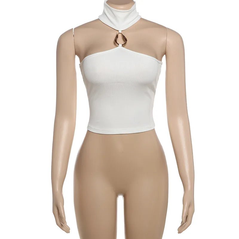 Metal Buckle Decoration Tank Tops Women Turtleneck Off Shoulder Skinny Stretch Street Fashion Wild Style Solid Outfits
