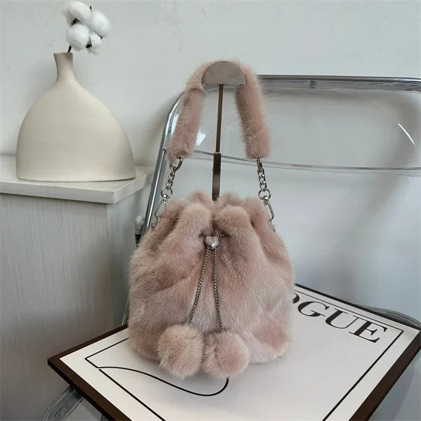 Y2K Bag Real Mink Bags Plush Handbag Fashion Designer High-End Luxury Tote Bag Puffy Bag Solid Soft Mink Shuolder Bag