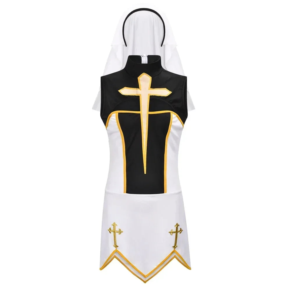 Benedetta Nun Cosplay Costume Set with Headpiece, Gloves & Stockings