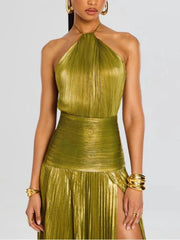 Alina Gold Pleated Halter Maxi Dress