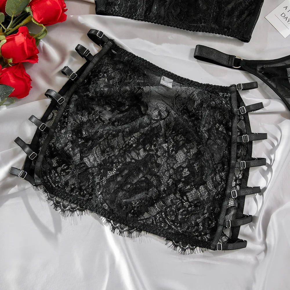 Severine Lace Longline Bra & Buckle-Strap Mini Skirt Lingerie Set