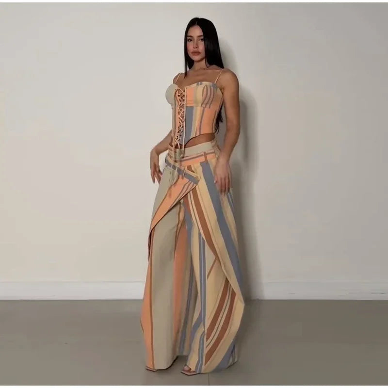 Valentina Striped Lace-Up Tube Top & Wrap Wide-Leg Pants Two-piece