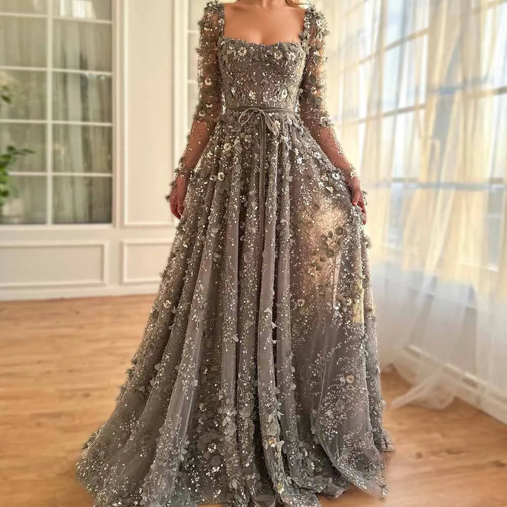 Gioconda Floral Applique Sequin Lace Long-Sleeve A-Line Maxi Gown Secondary image