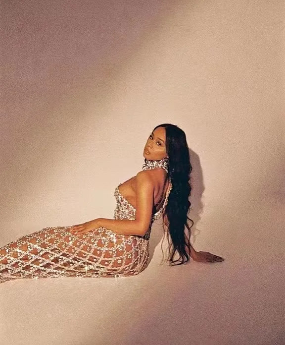 Solène Silver Crystal Mesh Performance Maxi Gown