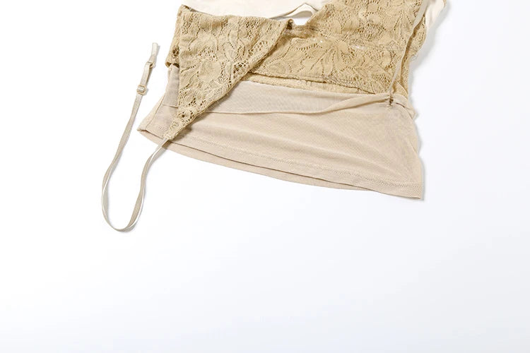 Camila Mocha Lace Spaghetti Strap Sheer Wrap Crop Top