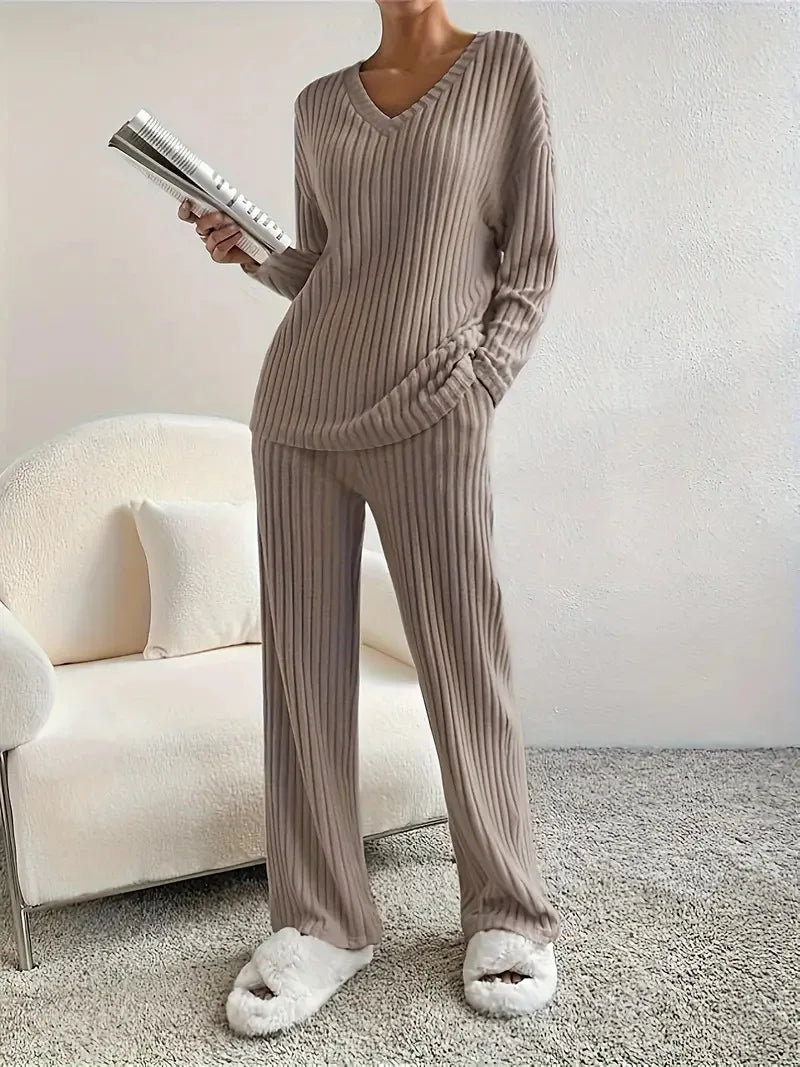 Cordula Ribbed Knit V-Neck Sweater & Wide-Leg Trousers Two-piece