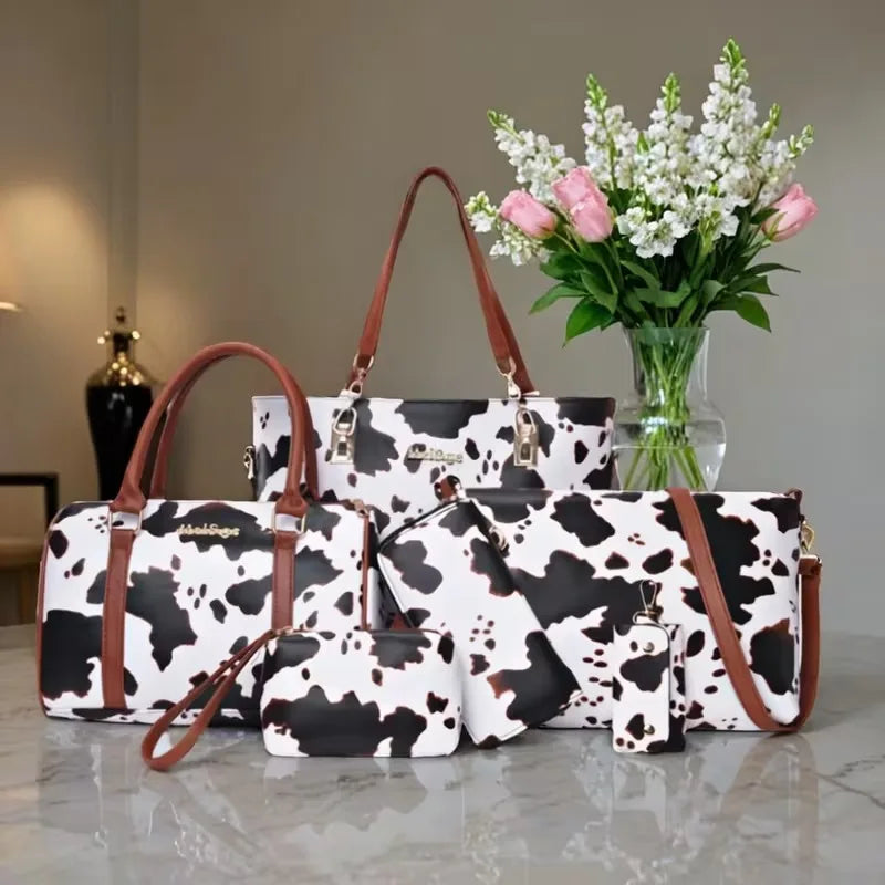 6-piece PU Fashion Cow-pattern Tote Bag Set, Including Women's Shoulder Bags, Crossbody Bags and Anti-wrinkle Handbags