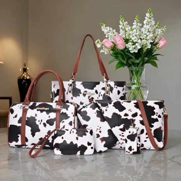 6-piece PU Fashion Cow-pattern Tote Bag Set, Including Women's Shoulder Bags, Crossbody Bags and Anti-wrinkle Handbags