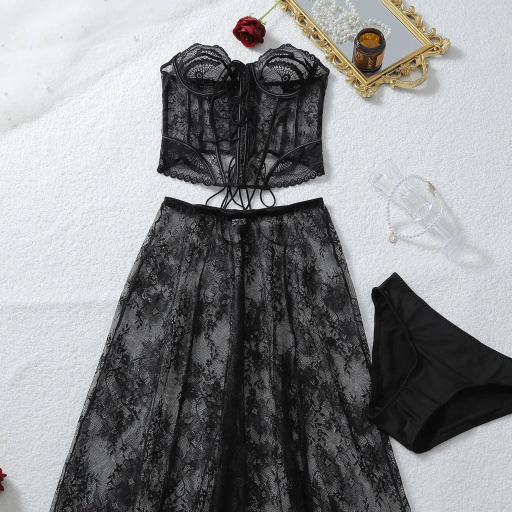 Bellatrix Sheer Lace Corset Pants Set Three-piece