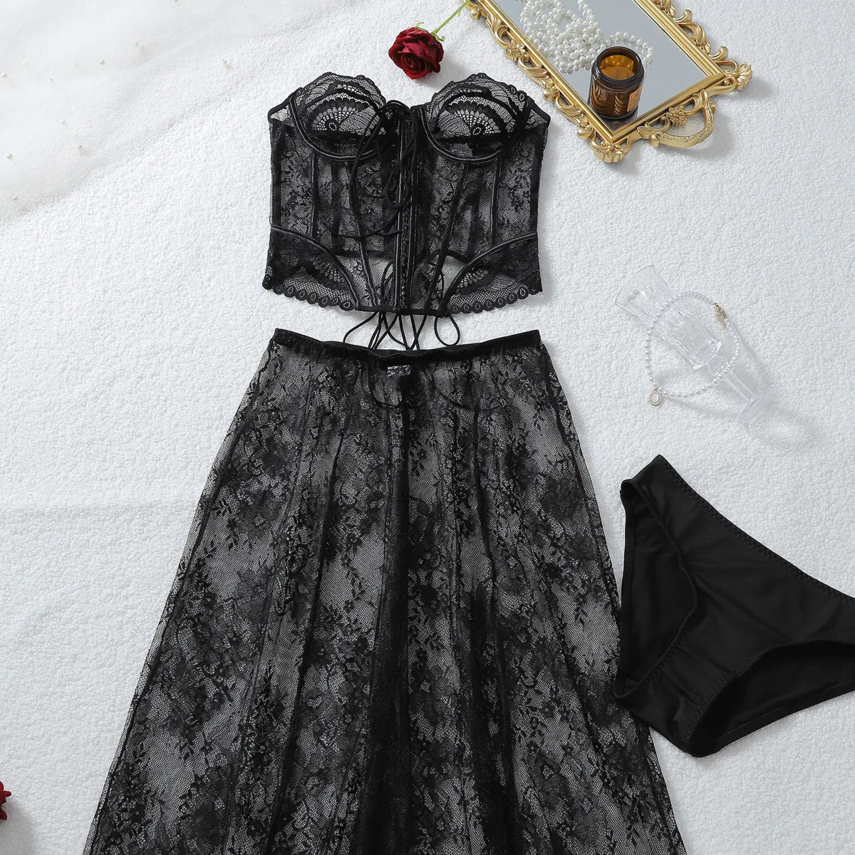 Bellatrix Sheer Lace Corset Pants Set Three-piece