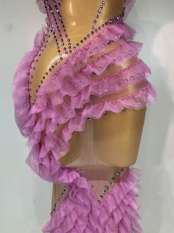 Violetta Rhinestone Mesh Ruffle Maxi Dress