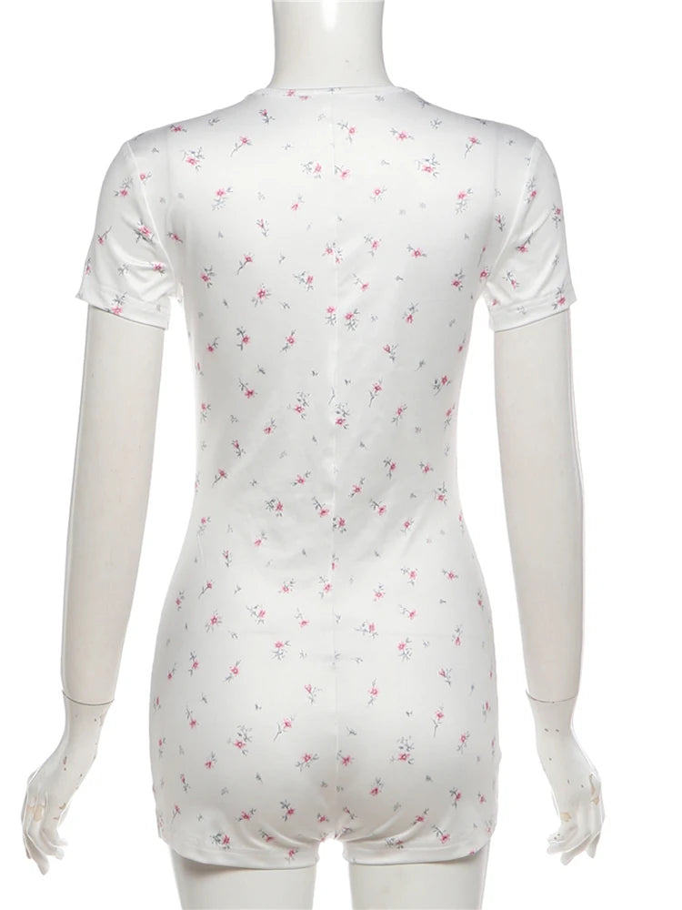 Kliou Casual Fashion Playsuits Woman Floral Print Button V-Neck Short Sleeve Skinny Stretch Summer Street Elegant Style Rompers