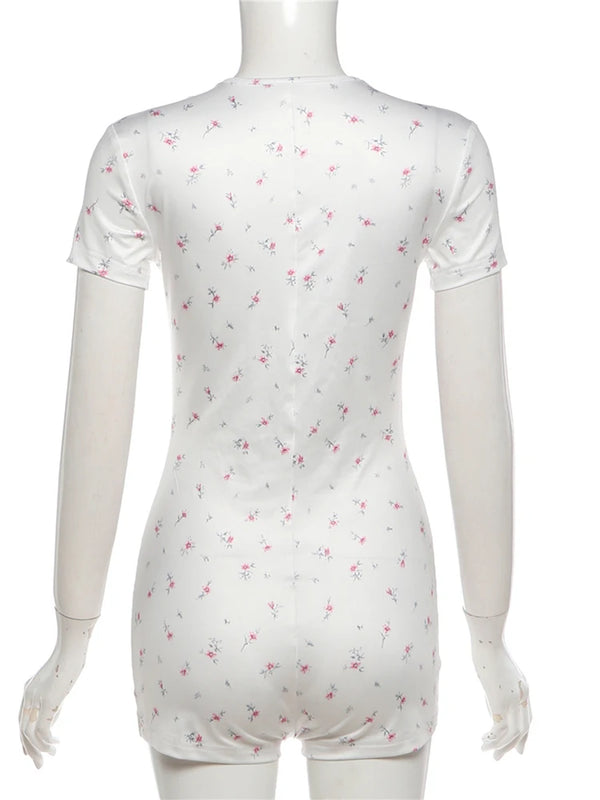 Kliou Casual Fashion Playsuits Woman Floral Print Button V-Neck Short Sleeve Skinny Stretch Summer Street Elegant Style Rompers