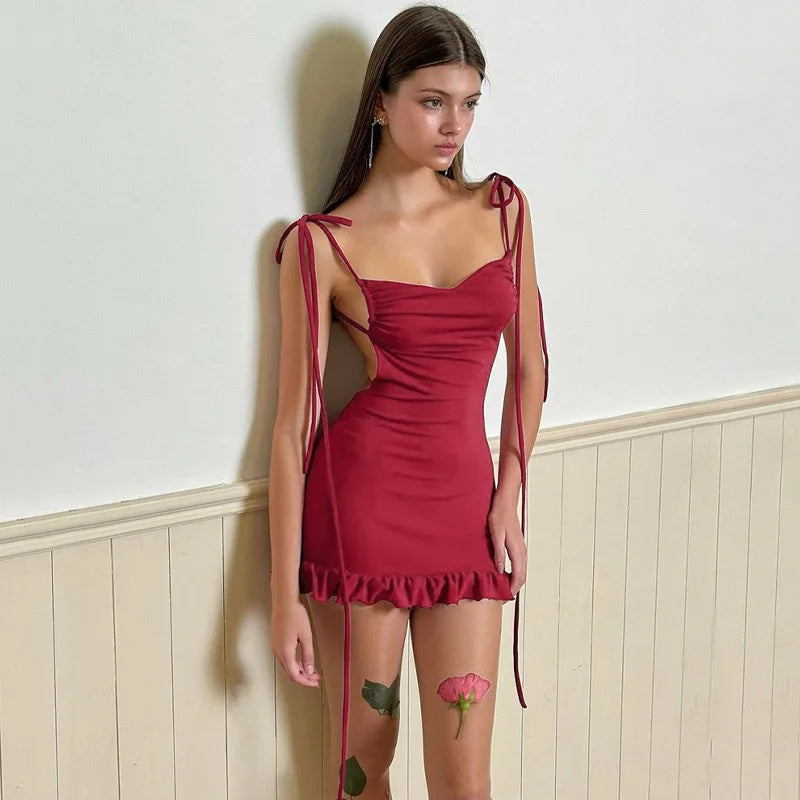 Crimson Ruffle Tie-Back Bodycon Mini Dress