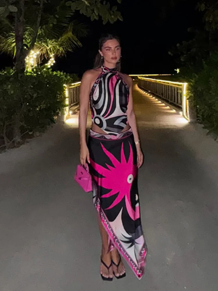 Ermengarde Print Halter Bow Backless Top & Long Skirt Set