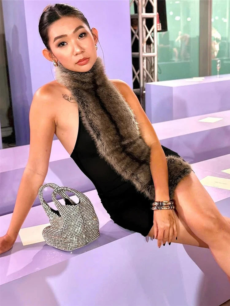 Weird Puss Fluff Patchwork Dress Women Halter Turtleneck Off Shoulder Backless Skinny Peach Hip Hottie High Street Style Bodycon