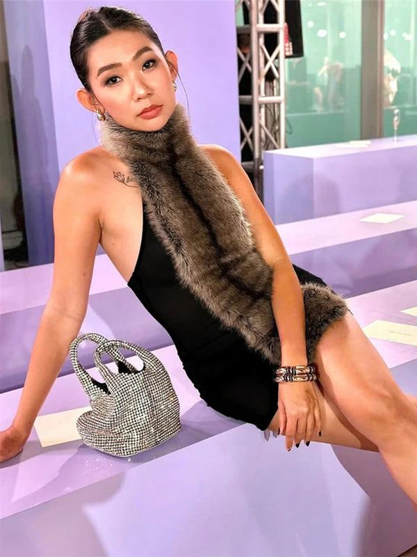 Weird Puss Fluff Patchwork Dress Women Halter Turtleneck Off Shoulder Backless Skinny Peach Hip Hottie High Street Style Bodycon