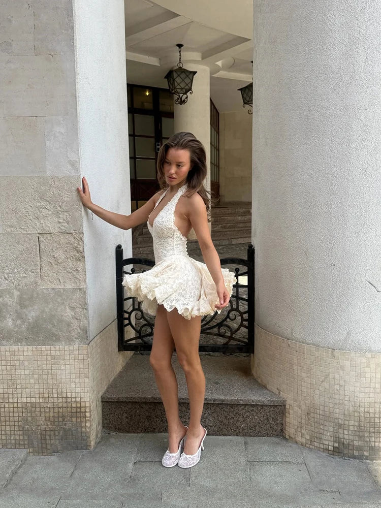 Zilpah Lace Halter V-Neck A-Line Mini Dress