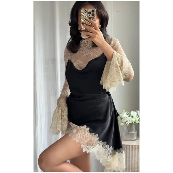 Genevieve Lace-Patchwork Flared-Sleeve Mini Dress