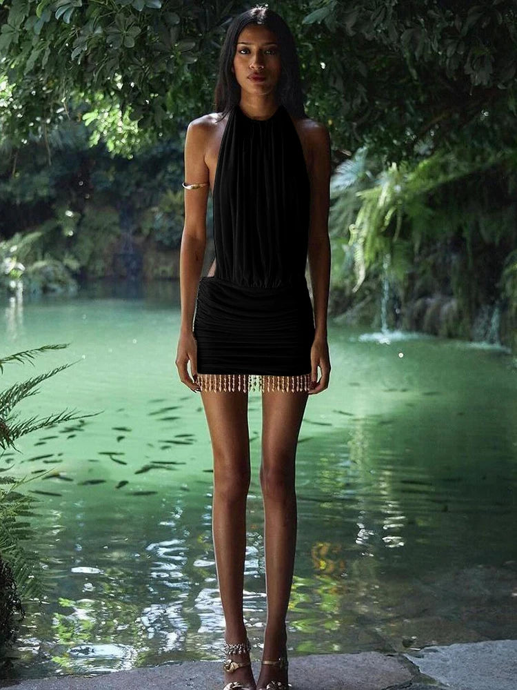 Celeste Pearl-Tassel Mesh Halter Mini Dress