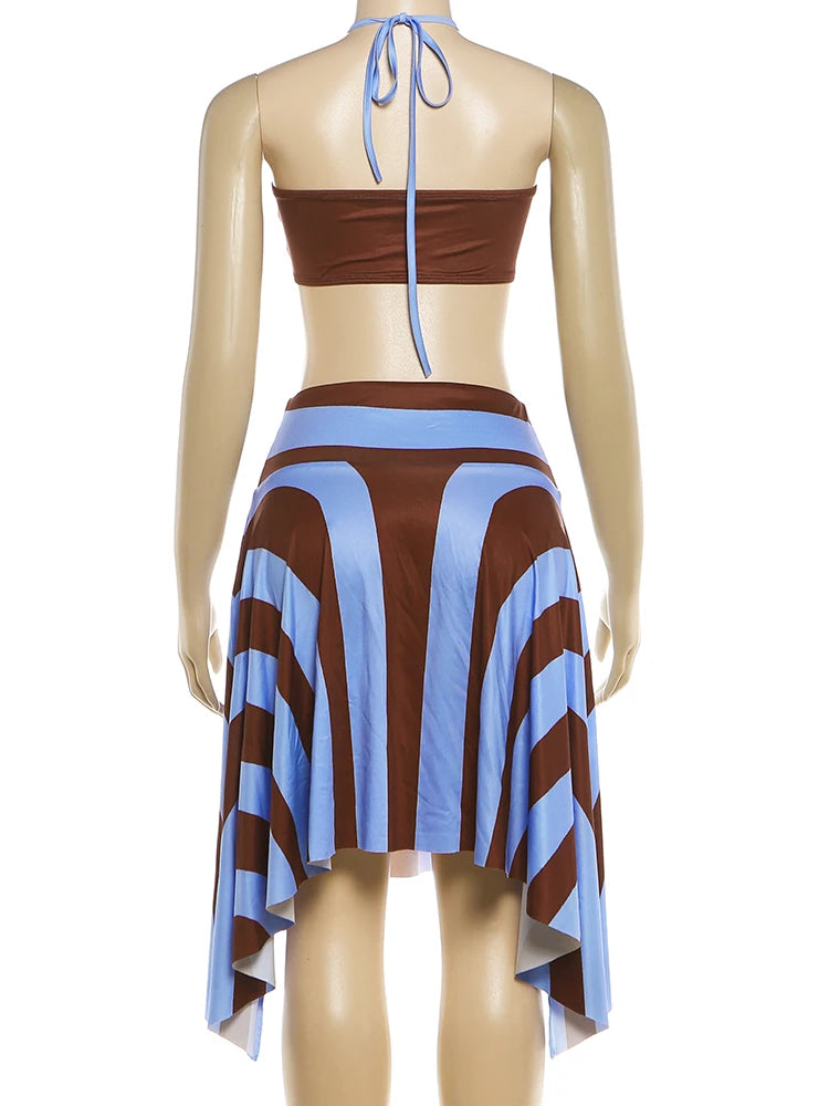 Kliou Beach Sexy Style 3 Piece Set Woman Halter Rope+Wrap Chest Tops+Stripe Patchwork Mid Skirts Summer Holiday Fashion Outfits