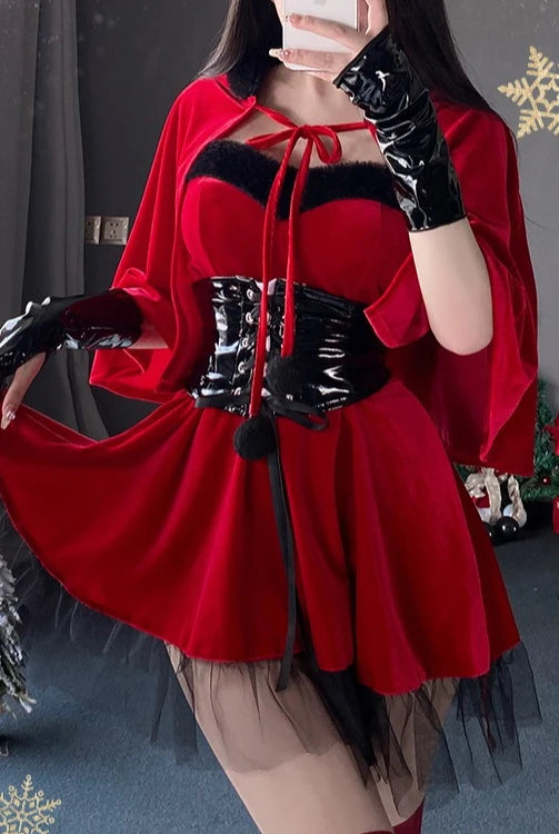 Lucinda Red Velvet Devil Costume Set with Cape, Corset Belt & Horns