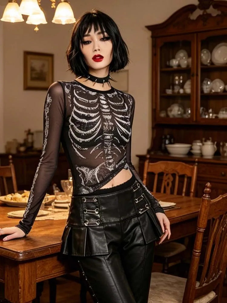 Morticia Skeleton Print Sheer Mesh Long-Sleeve Top One-piece Secondary image